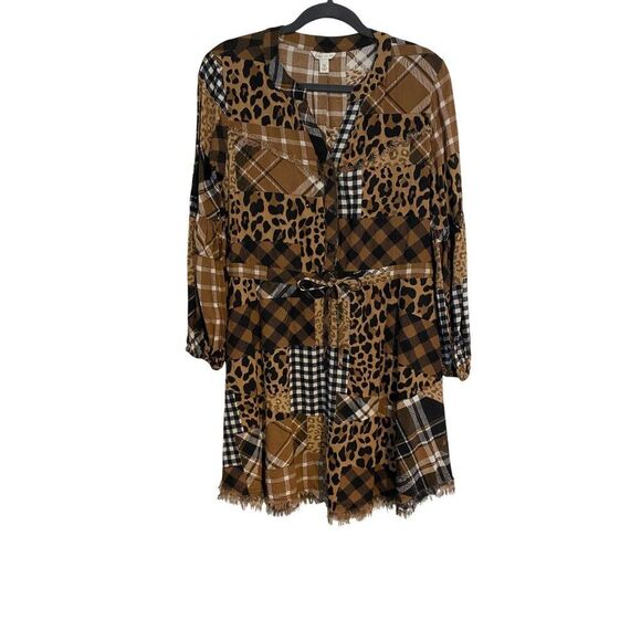 Cato Dresses & Skirts - Cato Women’s M Tunic Dress Patchwork Plaid & Leopard Print Frayed Hem Boho Artsy